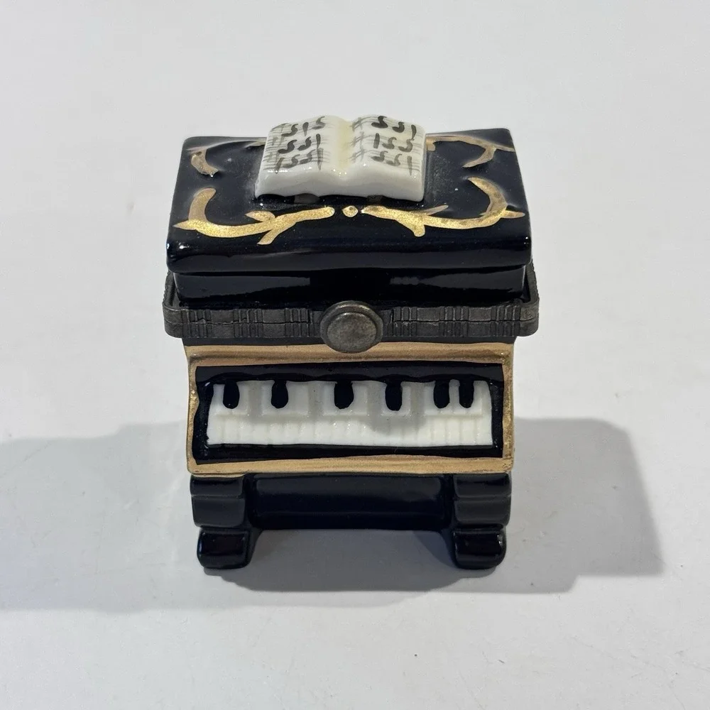 Vintage Miniature Black Piano Ceramic Hinged Lid Trinket Jewelry Keepsake Box